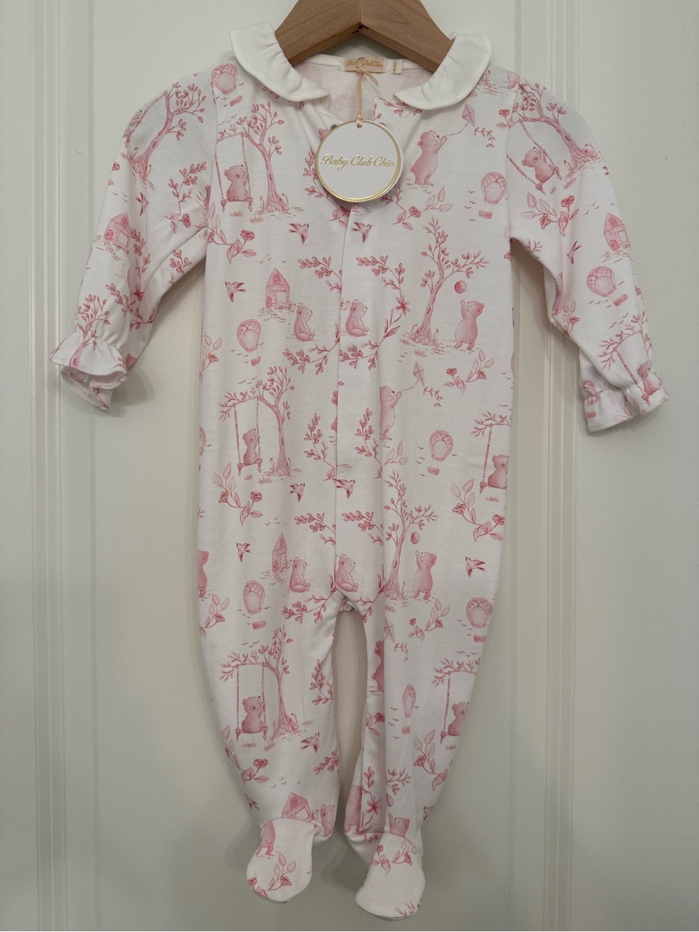Baby Club Chic Pink Printed Footed Onesie with Peter Pan Collar